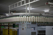 Industrial setting with a line of white bottles on a conveyor belt.