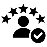 Loopspk Black silhouette of a person with five stars above and a check mark below on a white background