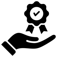 Loopspk Black icon of a hand holding a badge with a check mark on a white background