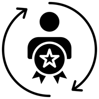 Black icon of a person with a star award inside a circle with arrows, on a white background.