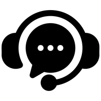 Black silhouette of a headset with a speech bubble on a white background